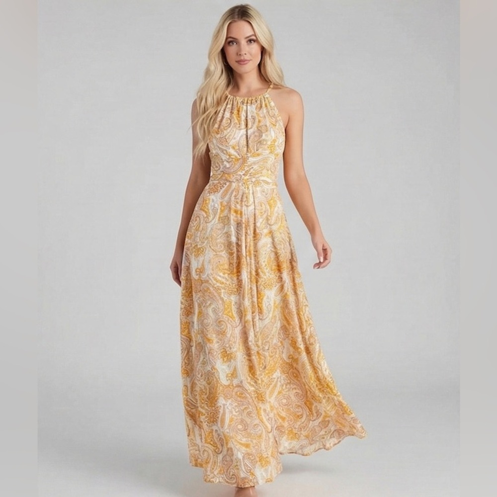LAST ONE 🔥 Paisley Halter Neck Maxi Dress Yellow